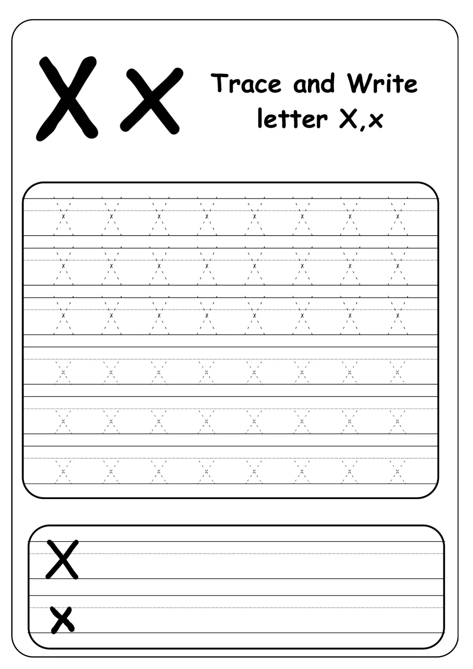 Trace and Write letter X,x: students trace three rows of dotted capital X and three of lowercase x, then write their own