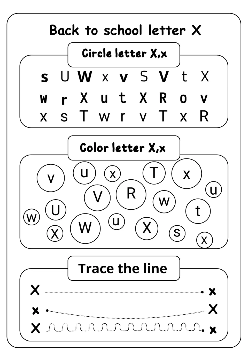 Letter X recognition: students circle X and x among mixed letters, color the X bubbles, and trace lines from X to x