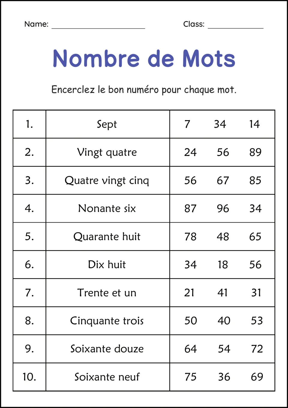 French number words: students circle the numeral that matches each of 10 words, from sept to soixante neuf