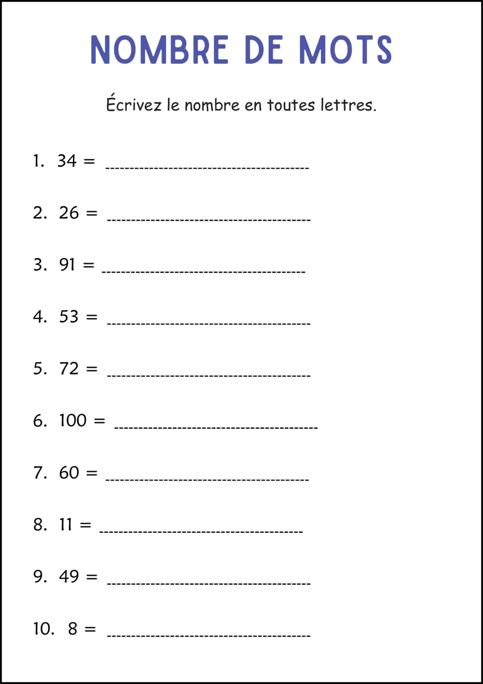 Writing numbers as French words: students spell out 10 numerals in full, including 34, 91, 100 and 8
