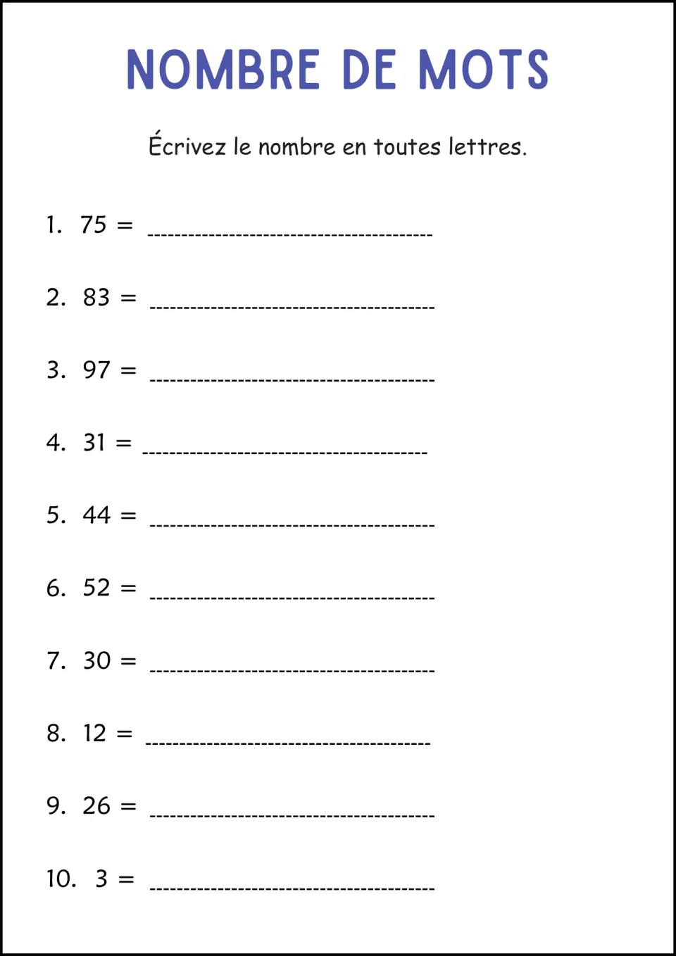 French numerals to words: students write out 75, 83, 97, 31, 44, 52, 30, 12, 26 and 3 as French words