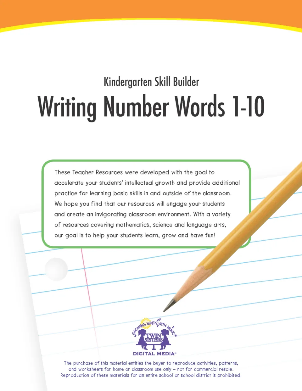 Cover of Kindergarten Skill Builder: Writing Number Words 1-10 from Twin Sisters Digital Media, with a note to teachers
