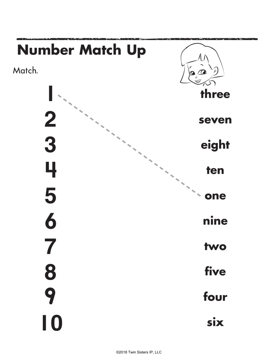 Number Match Up: students draw a line from each numeral 1 to 10 to its number word, listed in mixed order
