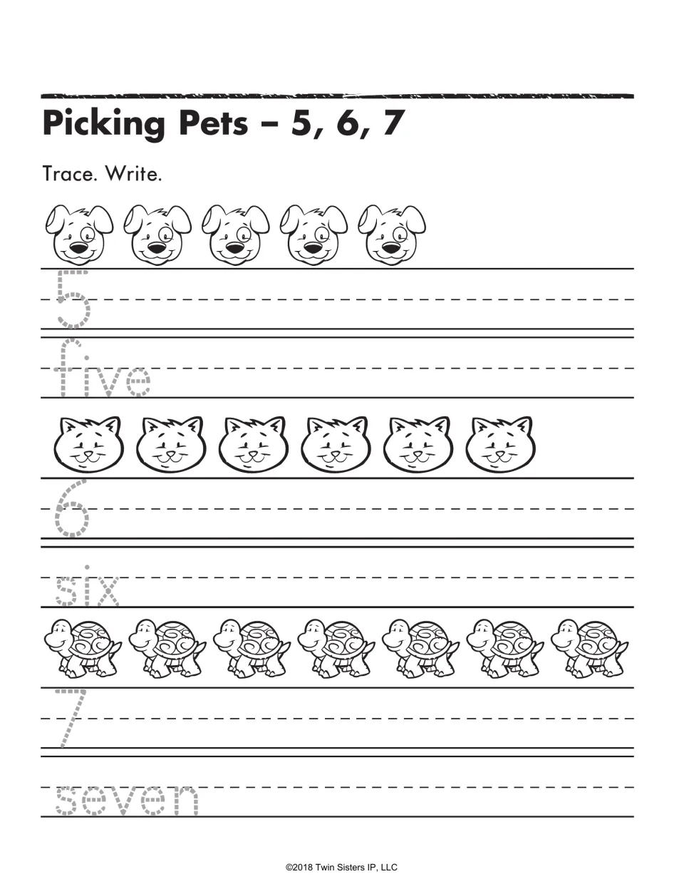 Picking Pets 5, 6, 7: students trace and write five, six and seven after counting rows of 5 dogs, 6 cats and 7 turtles