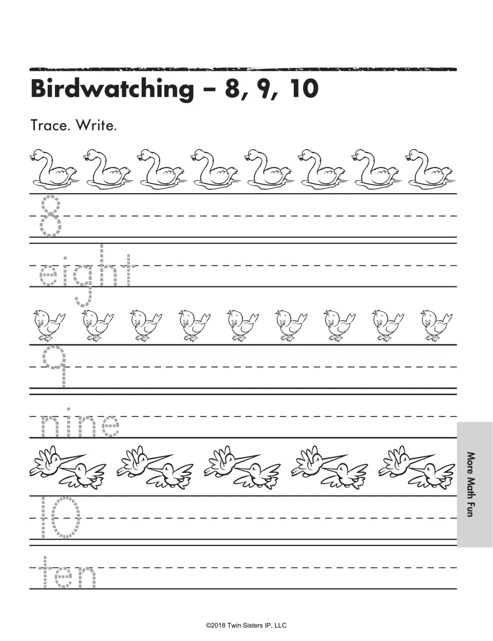 Birdwatching 8, 9, 10: students trace and write eight, nine and ten after counting 8 swans, 9 birds and 10 hummingbirds
