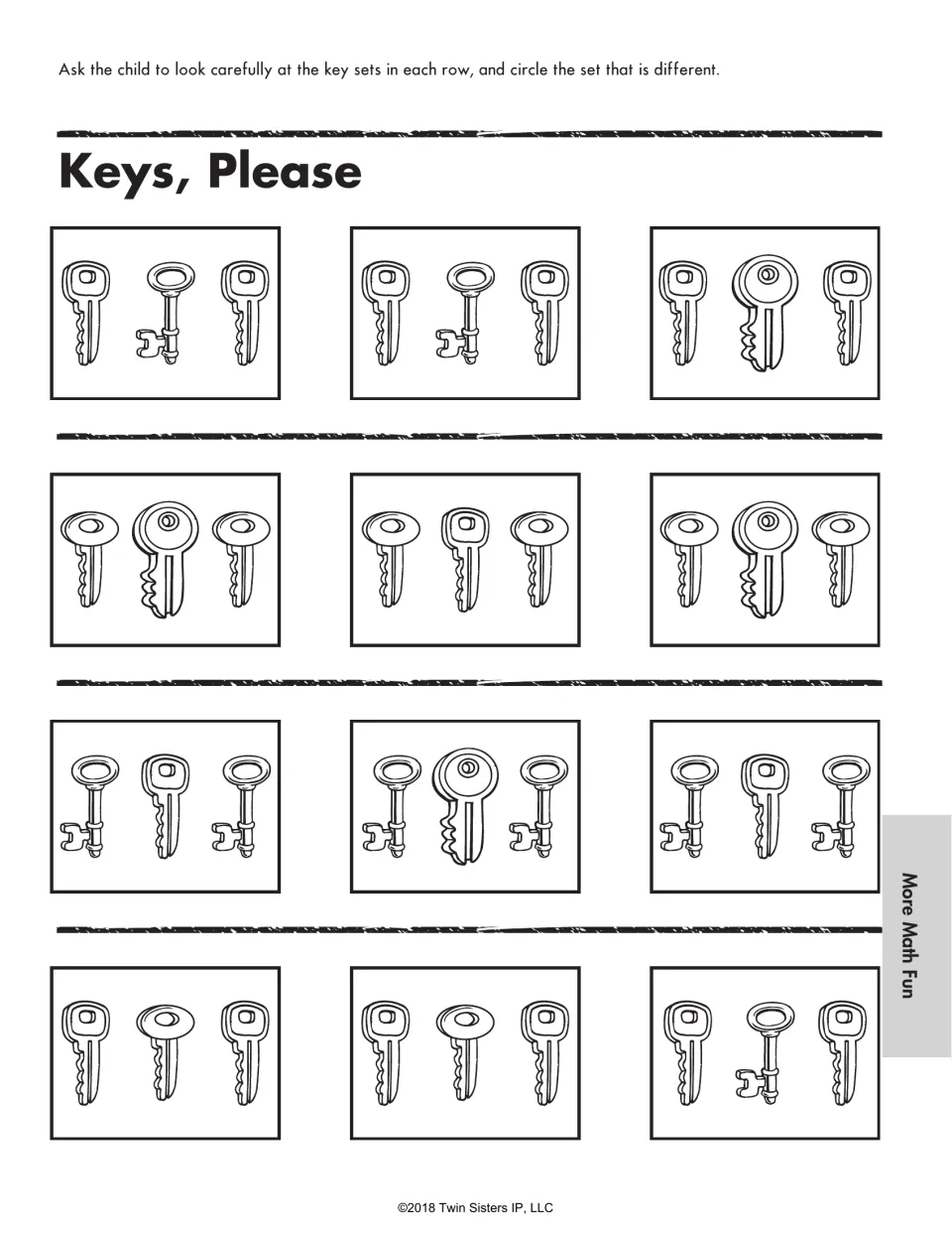 Keys, Please: students look closely at three sets of keys in each of four rows and circle the set that is different