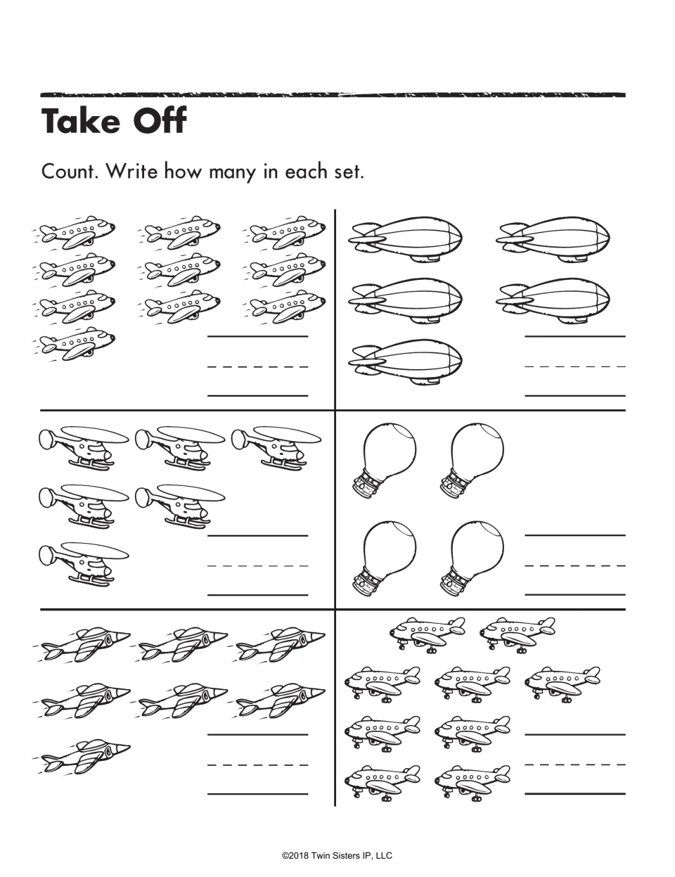 Take Off: students count planes, blimps, helicopters, hot-air balloons and jets in six sets and write how many in each