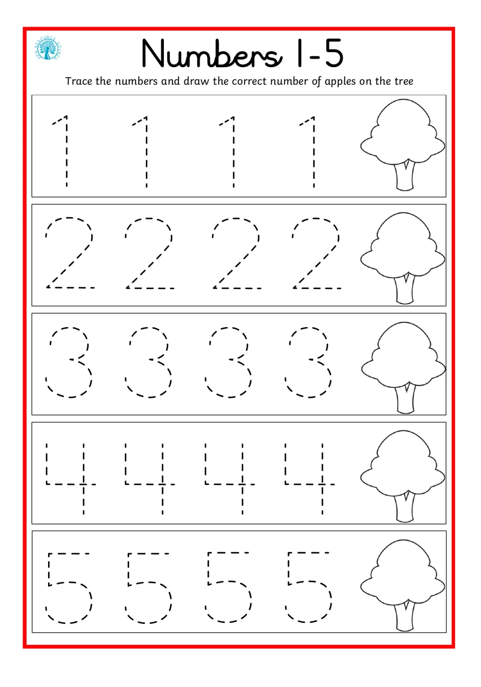 Numbers 1-5: students trace 1 to 5 four times each, then draw the matching number of apples on a tree beside each row