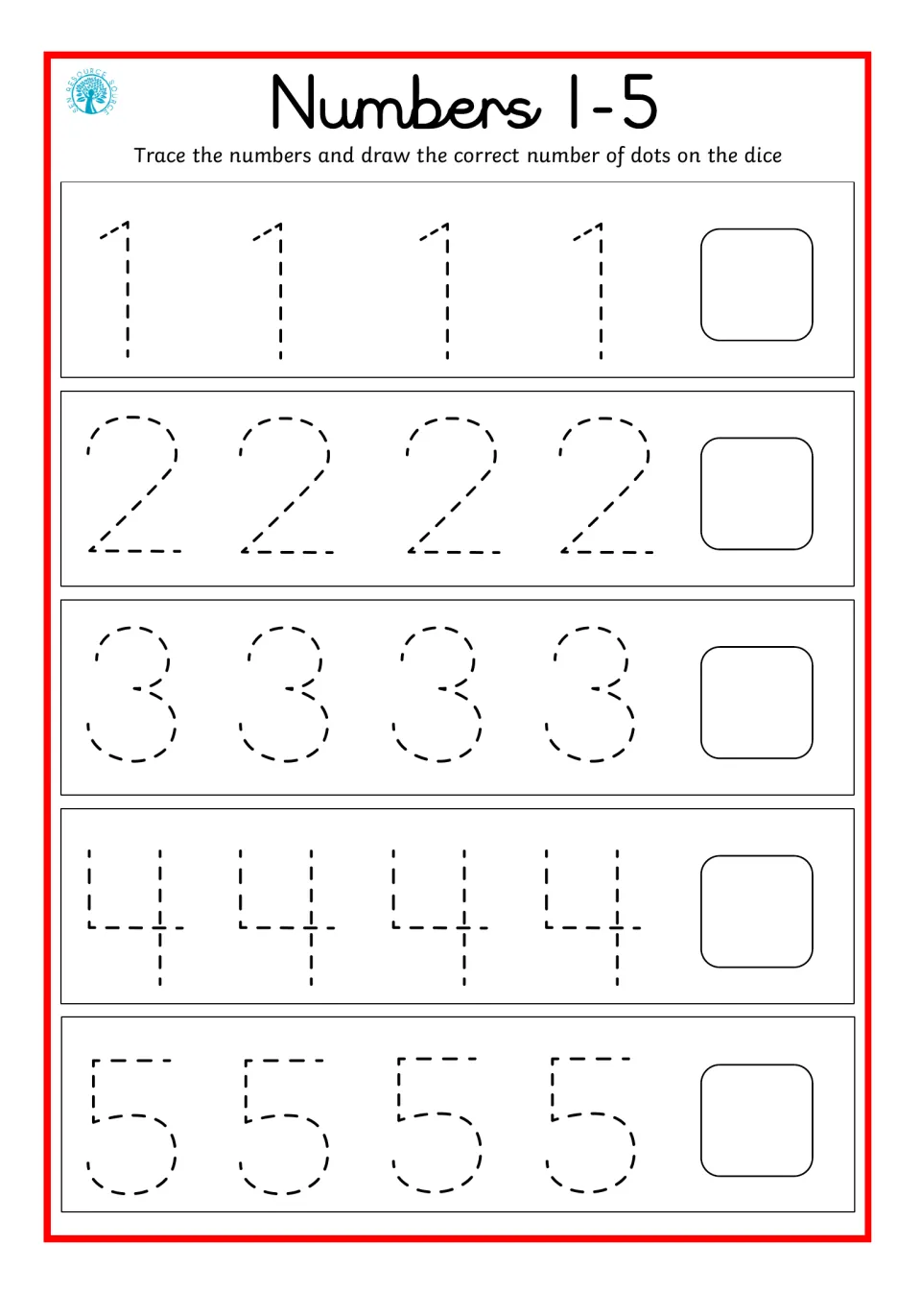 Numbers 1-5 with dice: students trace each numeral four times and draw that many dots on a blank dice face for each row