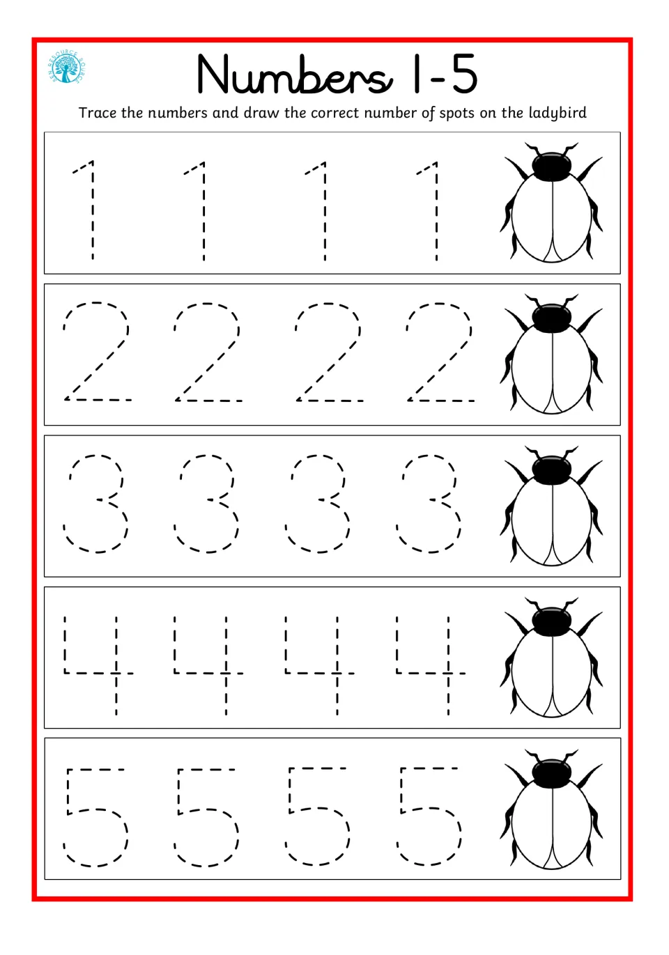 Numbers 1-5 with ladybirds: students trace 1 to 5 and draw the matching number of spots on each ladybird's back