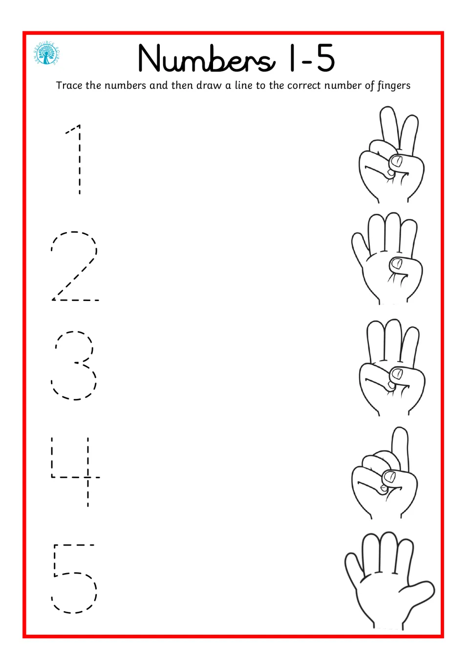 Numbers 1-5 finger matching: students trace each numeral, then draw a line to the hand holding up that many fingers