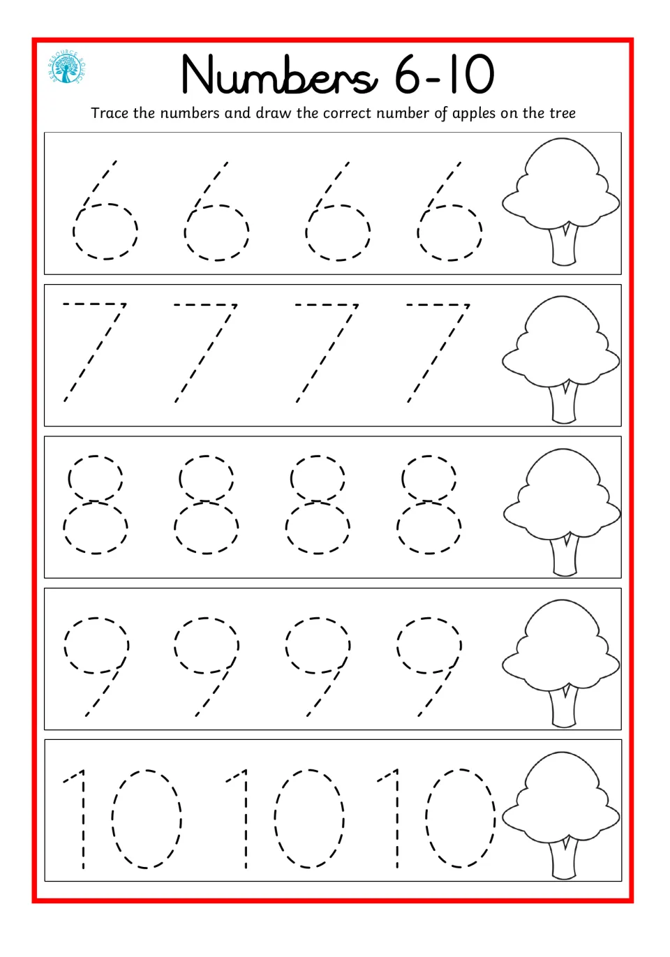 Numbers 6-10: students trace 6 to 10 on each row, then draw the matching number of apples on the tree beside it
