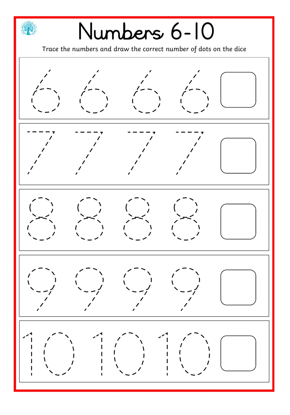 Numbers 6-10 with dice: students trace each numeral and draw that many dots on the blank dice face at the end of its row