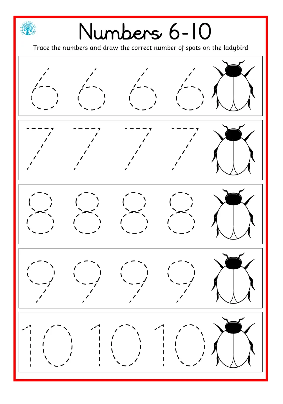 Numbers 6-10 with ladybirds: students trace 6 to 10 and add the matching number of spots to each ladybird drawing