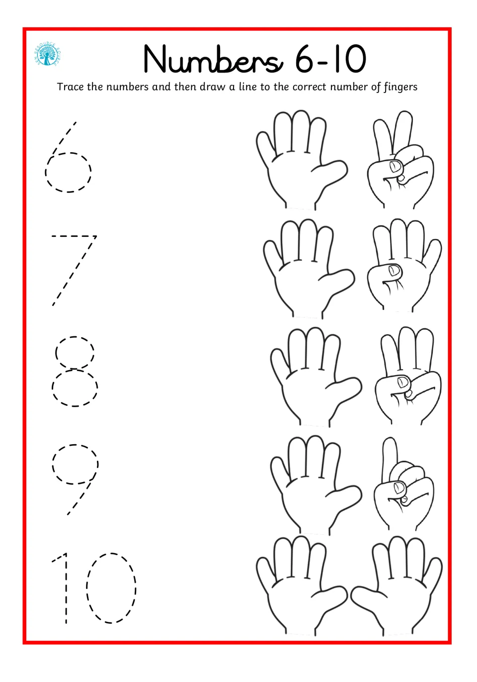 Numbers 6-10 finger matching: students trace each numeral and draw a line to the pair of hands showing that many fingers