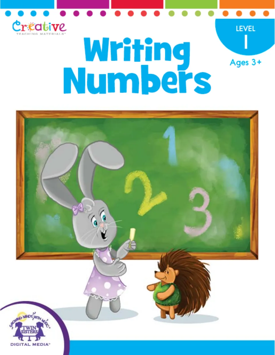 Writing Numbers Level 1 cover, Ages 3+: a bunny writes 1, 2 and 3 in chalk on a chalkboard while a hedgehog watches