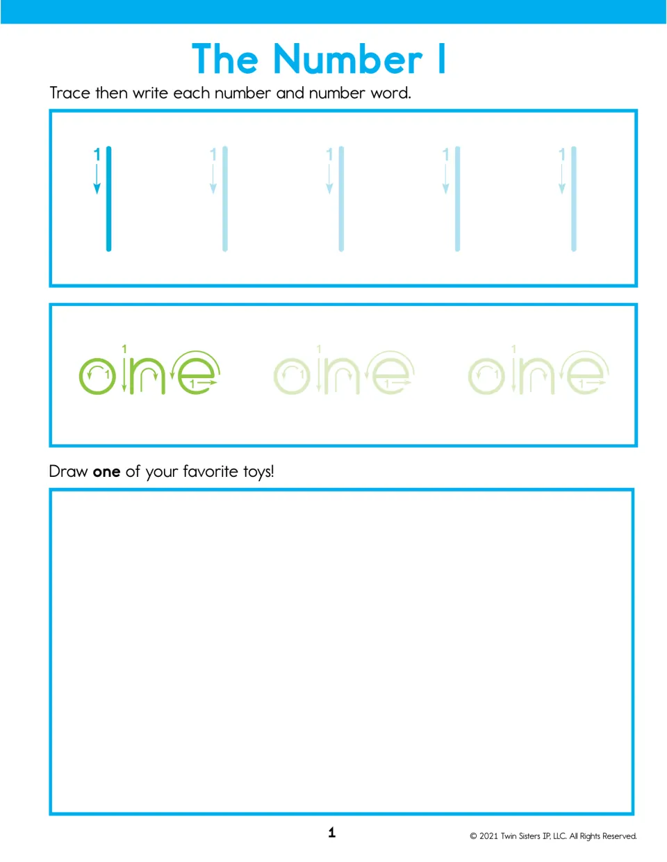 The Number 1: students trace the numeral 1 using stroke arrows, trace the word one, then draw one of their favorite toys