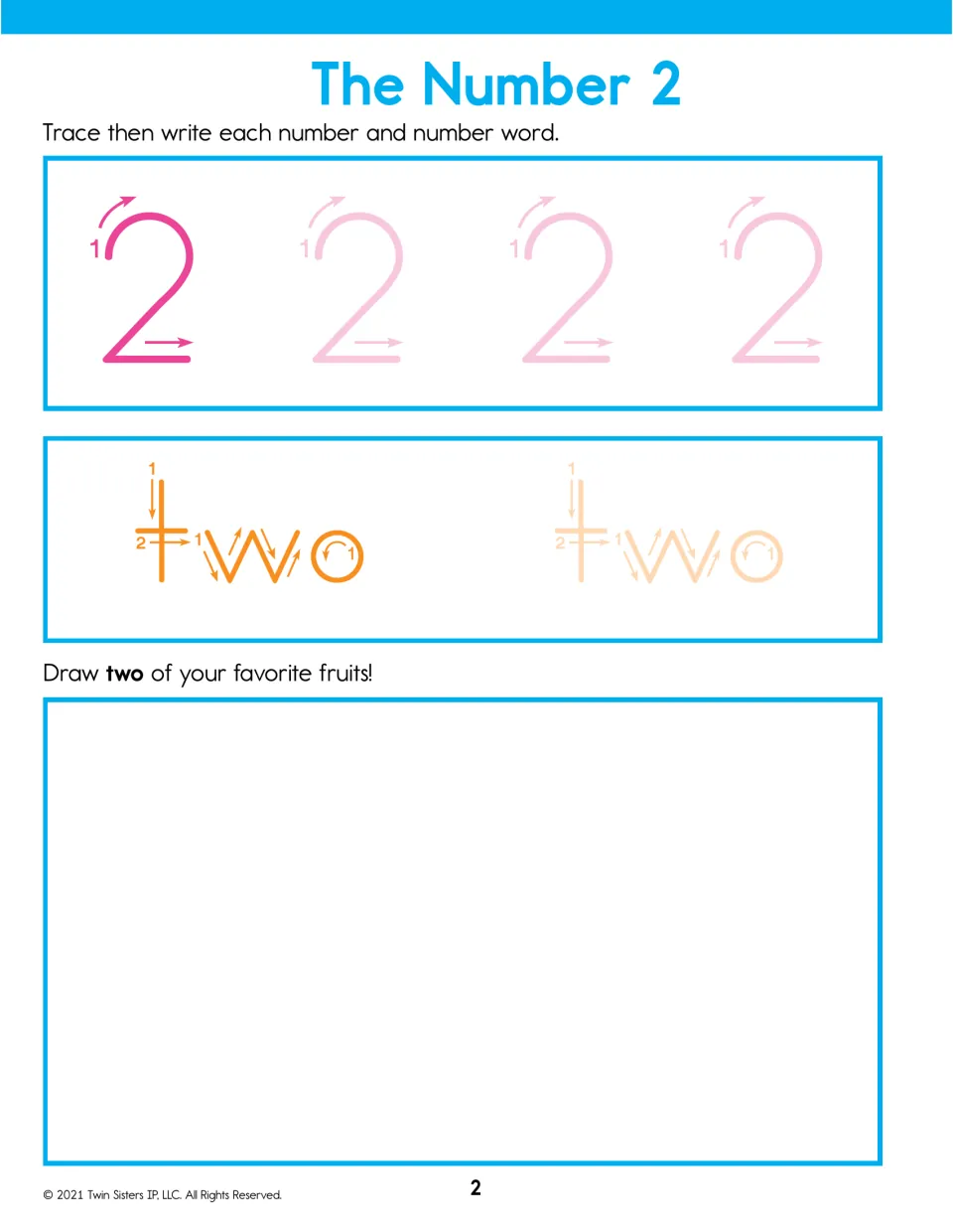 The Number 2: children follow numbered stroke arrows to trace 2 and the word two, then draw two of their favorite fruits