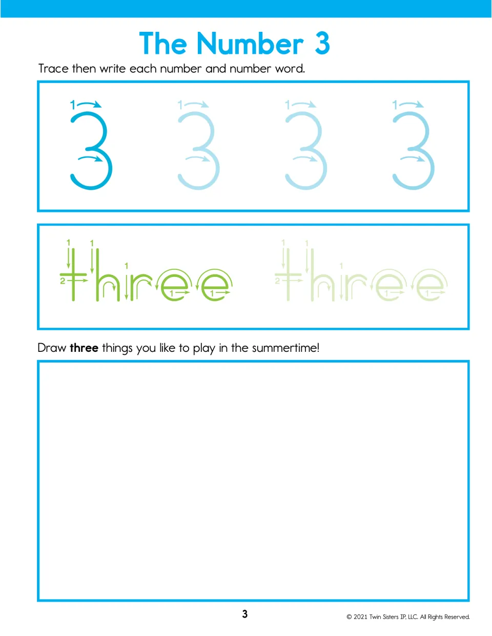 The Number 3: trace the numeral 3 four times and the word three twice, then draw three things to play in the summertime