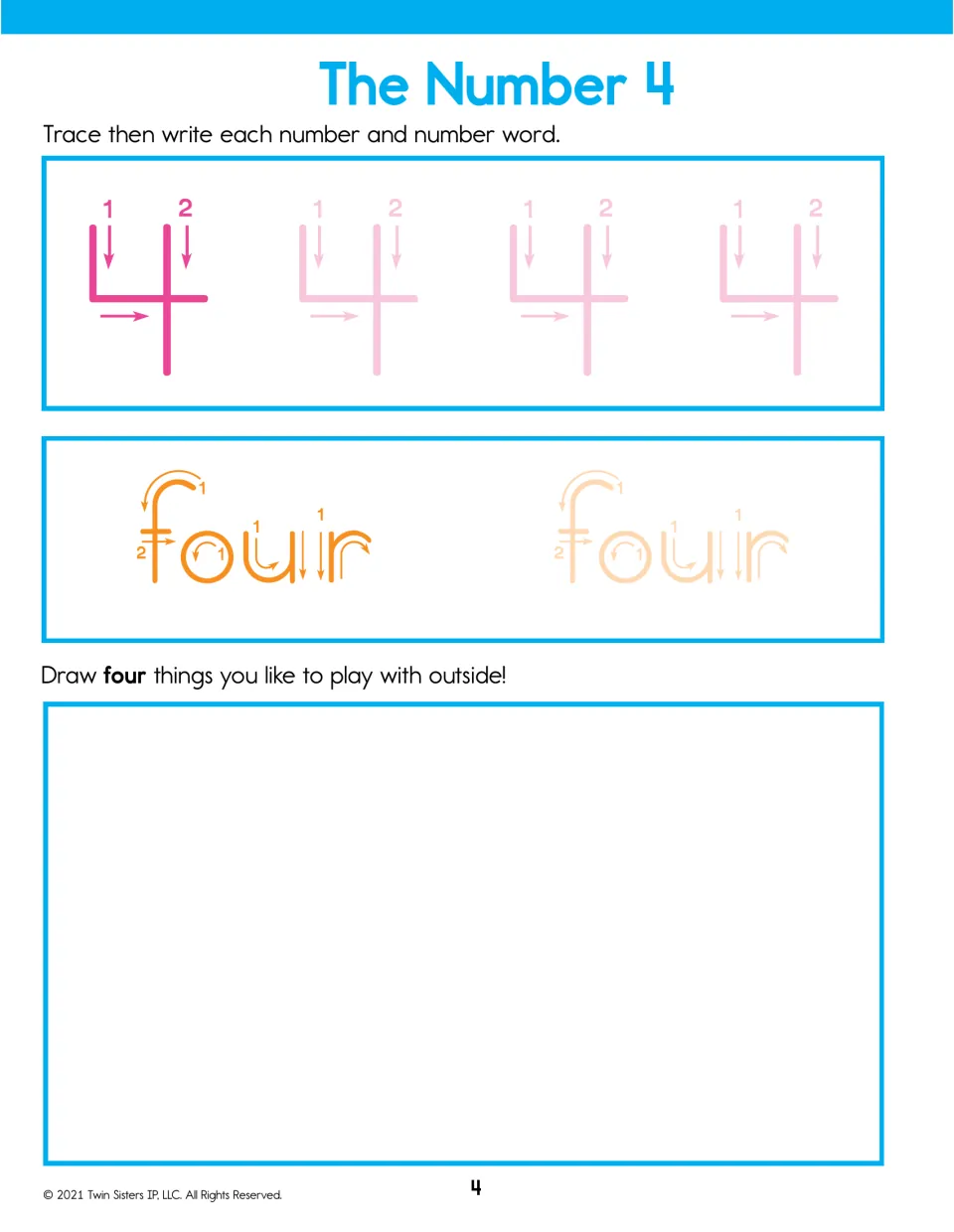 The Number 4: students trace 4 in two strokes and the word four, then draw four things they like to play with outside
