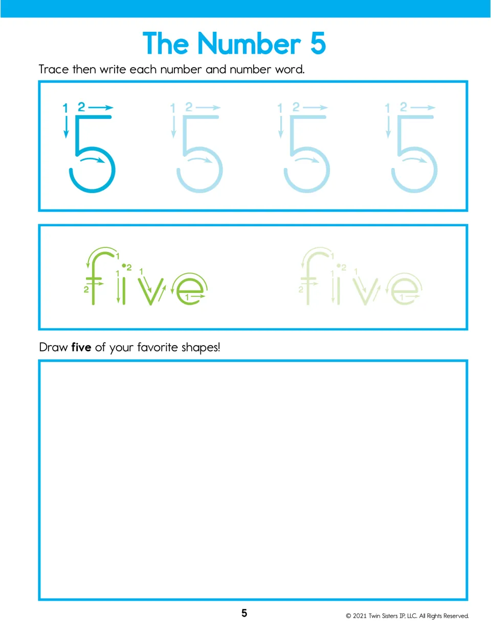 The Number 5: tracing the numeral 5 with stroke order arrows and the word five, then drawing five of their favorite shapes