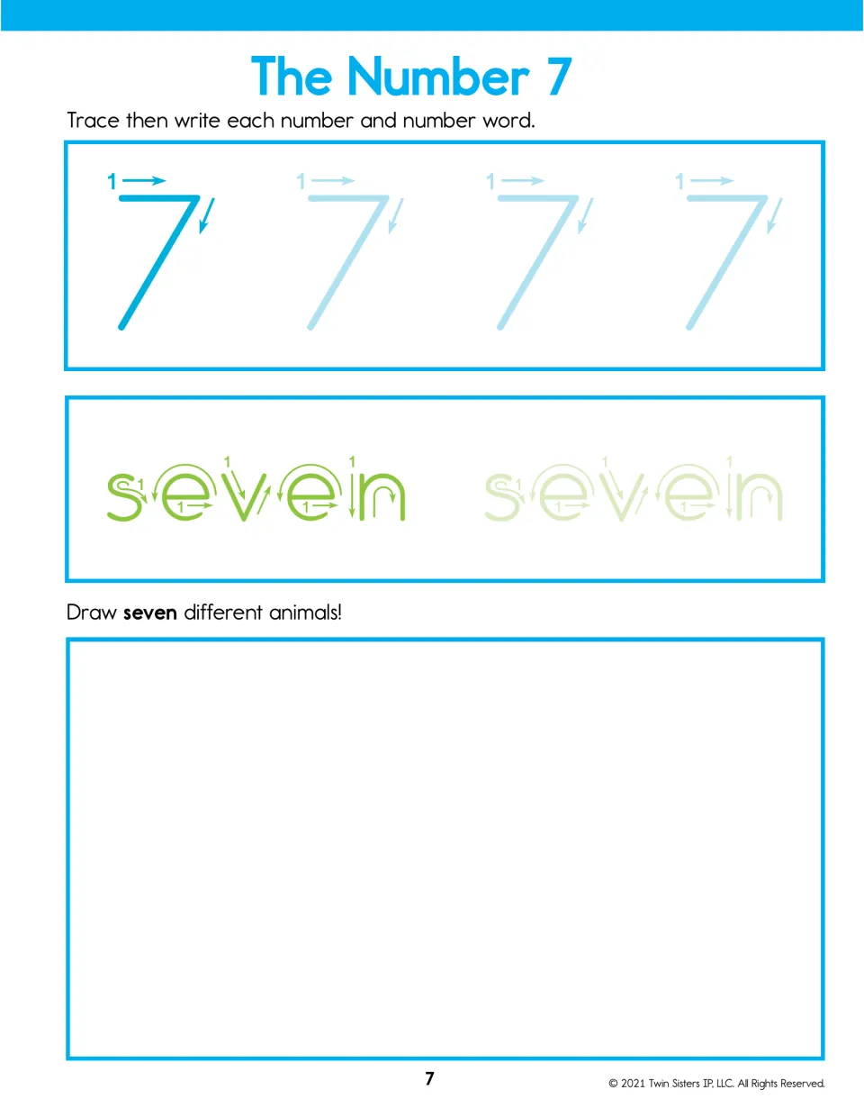 The Number 7: trace the numeral 7 following the arrows and trace the word seven, then draw seven different animals