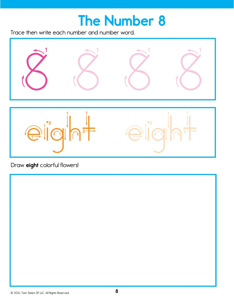 The Number 8: students trace 8 starting at the top and trace the word eight, then draw eight colorful flowers
