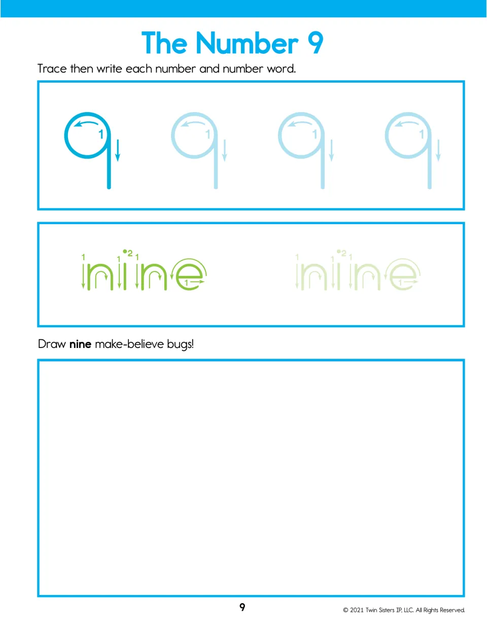 The Number 9: tracing the numeral 9 and the word nine with stroke arrows, then drawing nine make-believe bugs