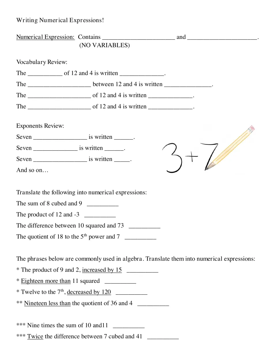 Guided notes on numerical expressions: operation vocabulary, exponents, and 10 phrase-to-expression problems.