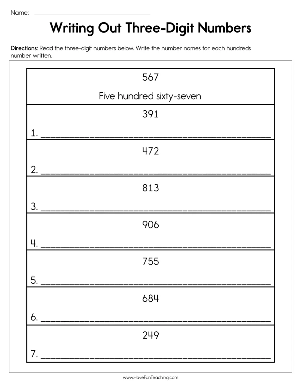 Number names for three-digit numbers: students write 391, 472, 813, 906, 755, 684 and 249 in words, after a 567 example
