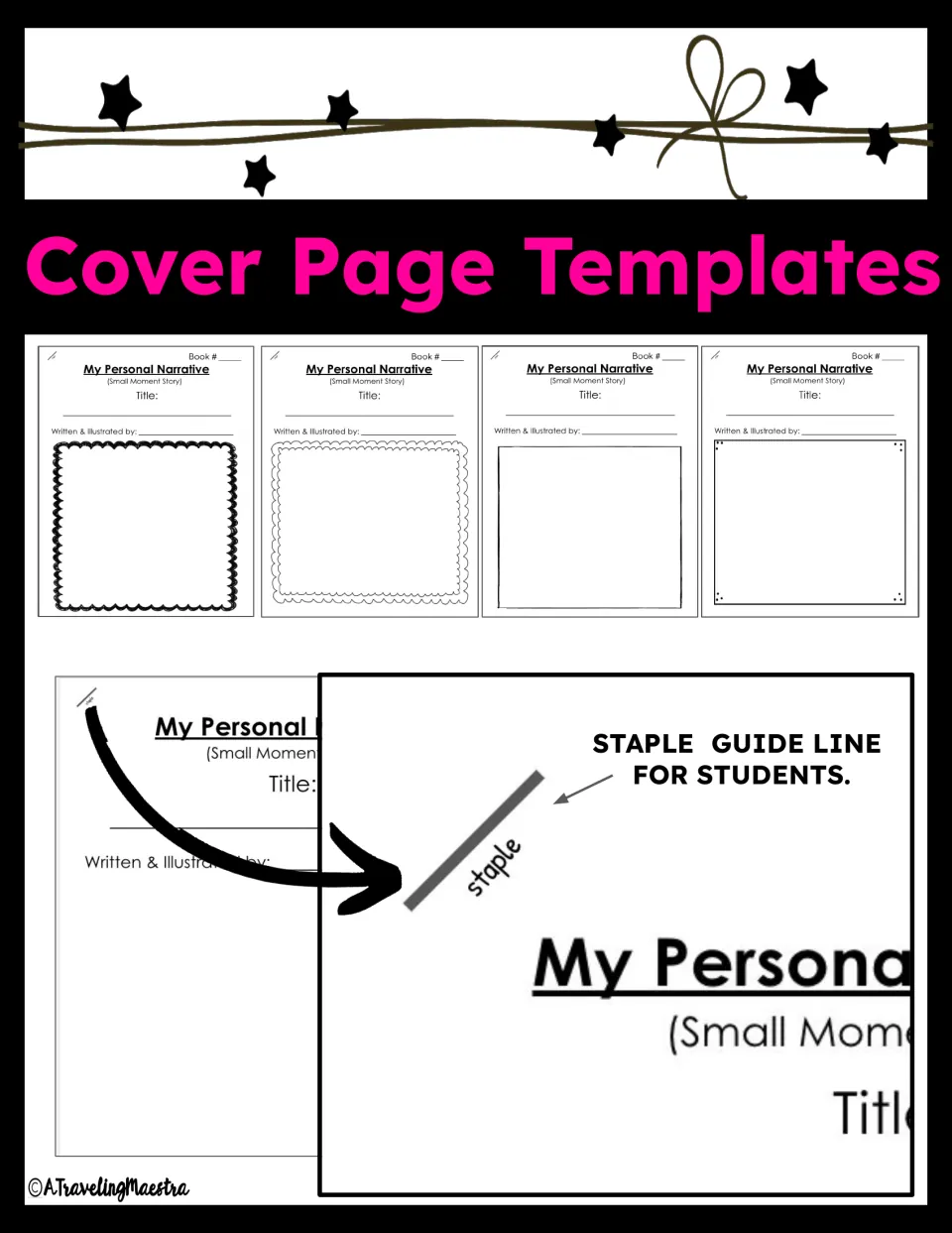 Cover page templates for My Personal Narrative in four art-space styles, plus a staple guide line note for students