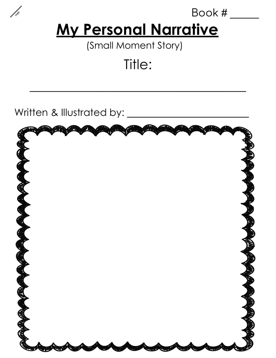 My Personal Narrative cover: students fill in book number, title and author, then illustrate in a bold scalloped space