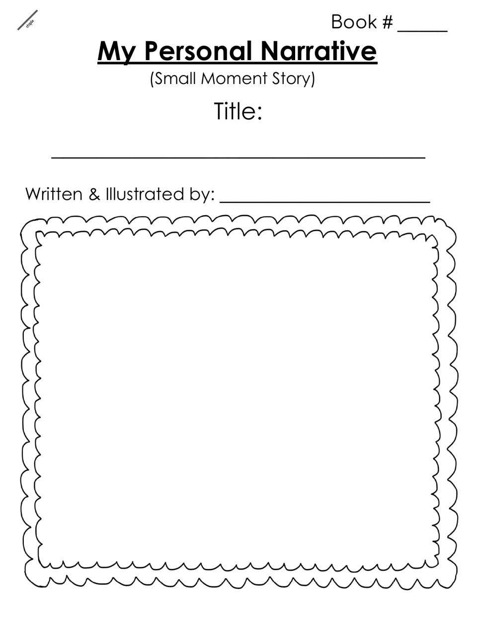 Small Moment Story cover: students fill in book number, title and author, then illustrate in a thin wavy double outline