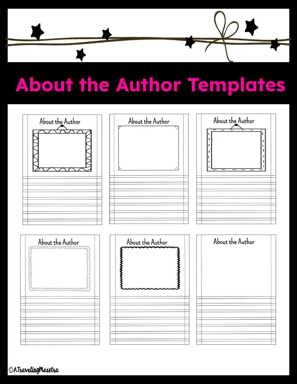 About the Author templates in six styles, each with a spot for a portrait and space to write a short bio
