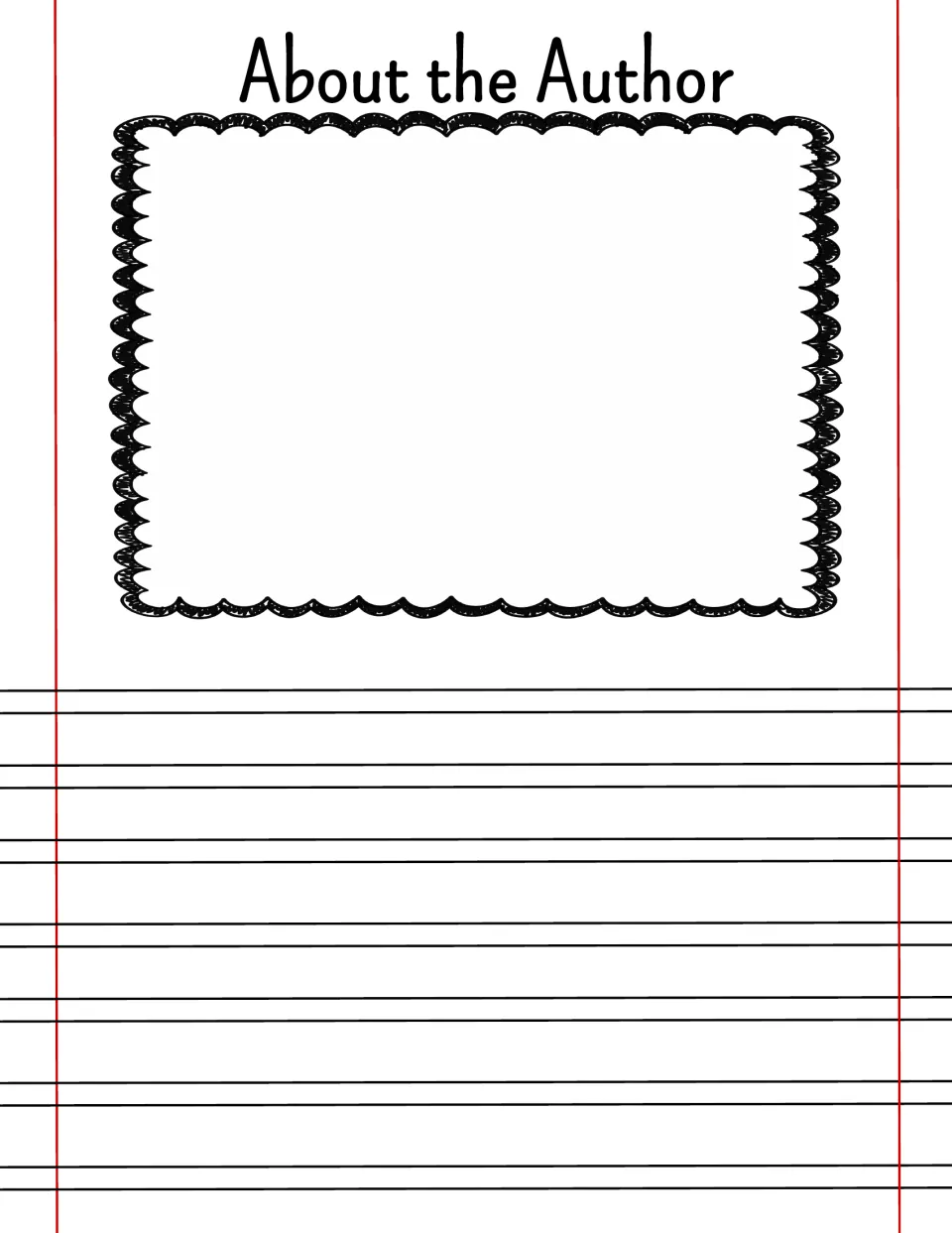 About the Author page: students draw a self-portrait in a bold scalloped space, then write about themselves