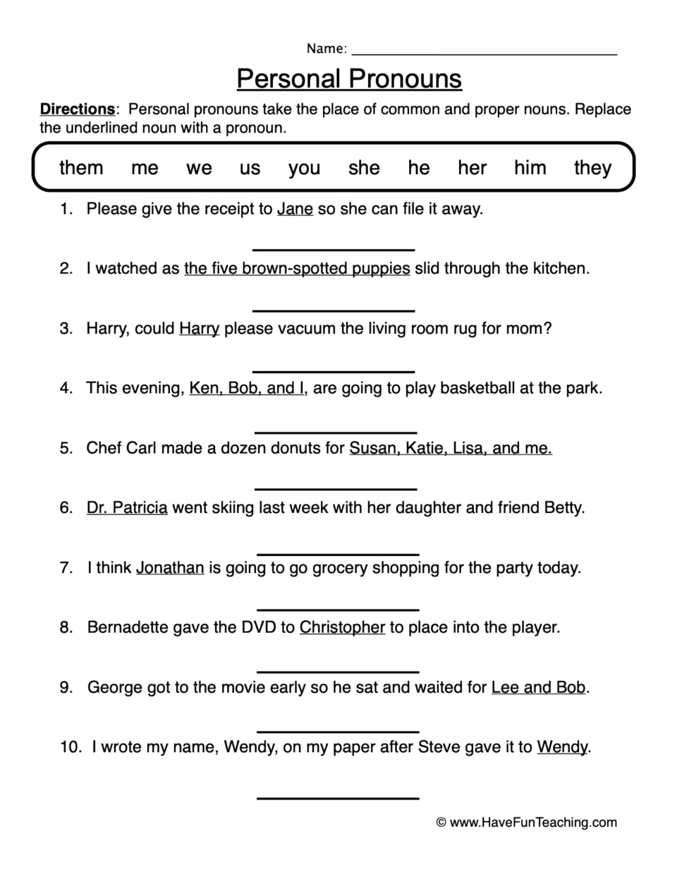 Personal pronouns: students replace the underlined noun in 10 sentences, choosing from a word bank of 10 pronouns