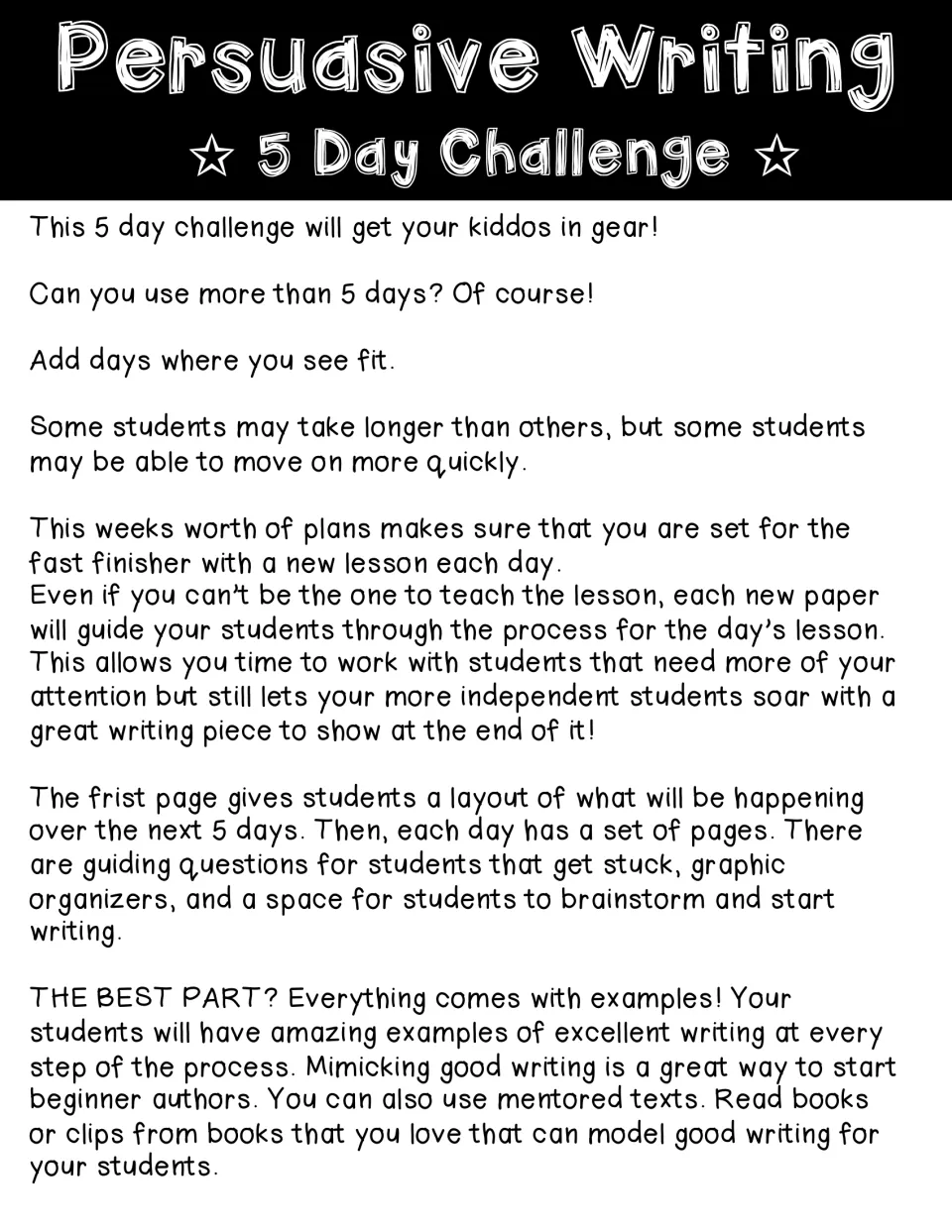 Teacher introduction to the five-day persuasive writing challenge, including pacing, guided pages, and examples