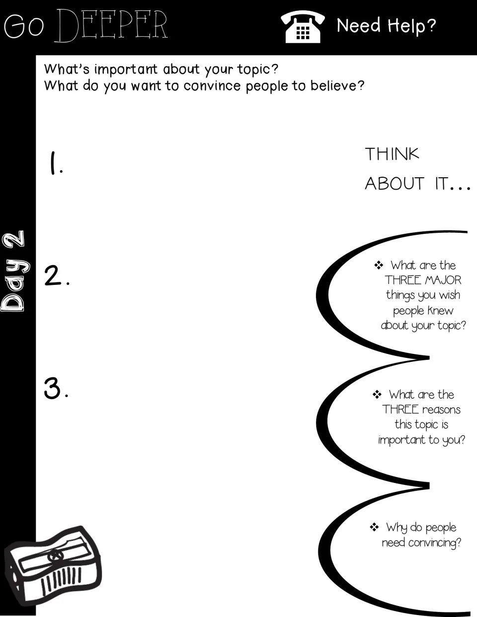 Day 2 support page asks for three ideas to persuade readers, with prompts about importance and reasons