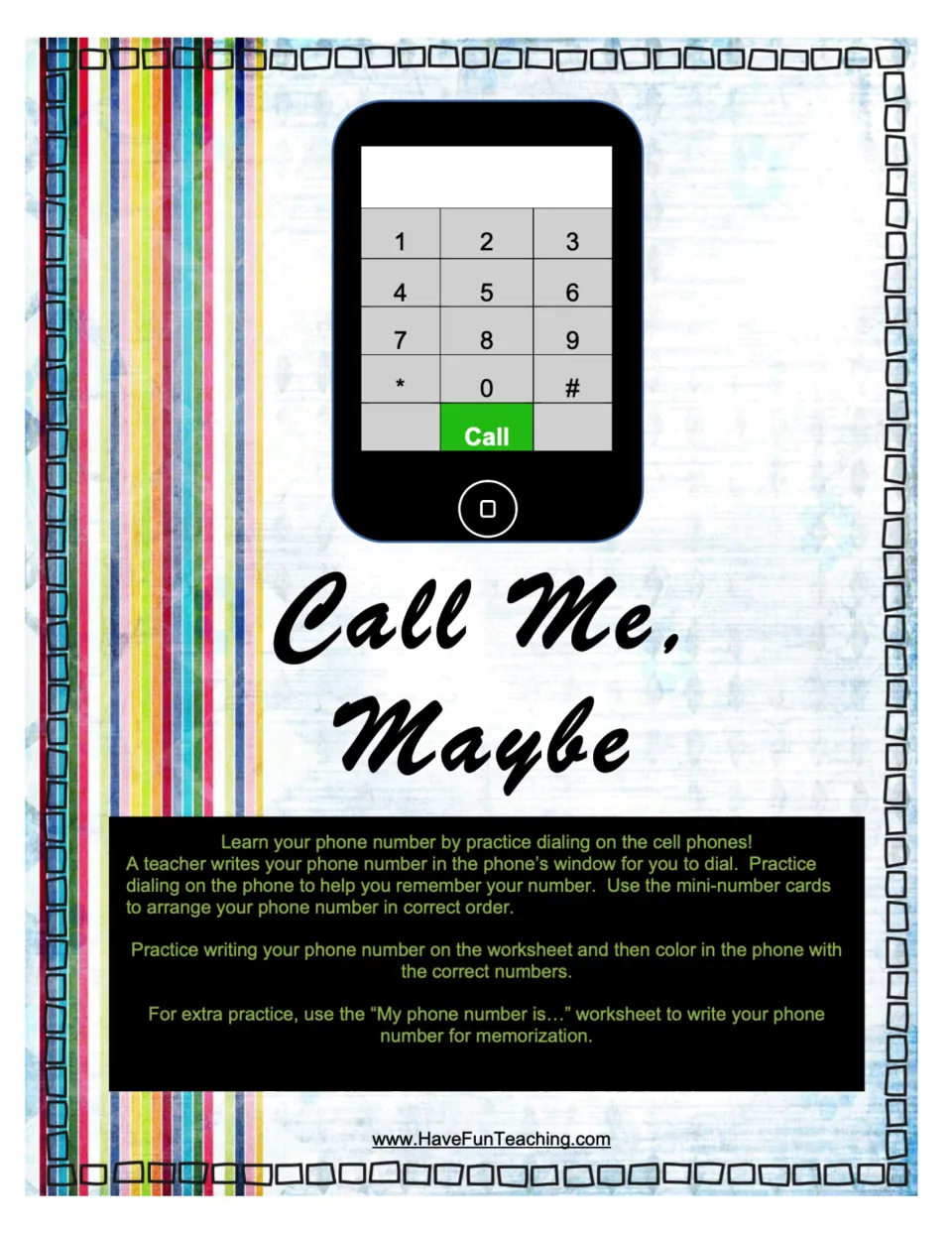 Call Me, Maybe cover: phone keypad art and directions for dialing, ordering number cards and writing your phone number