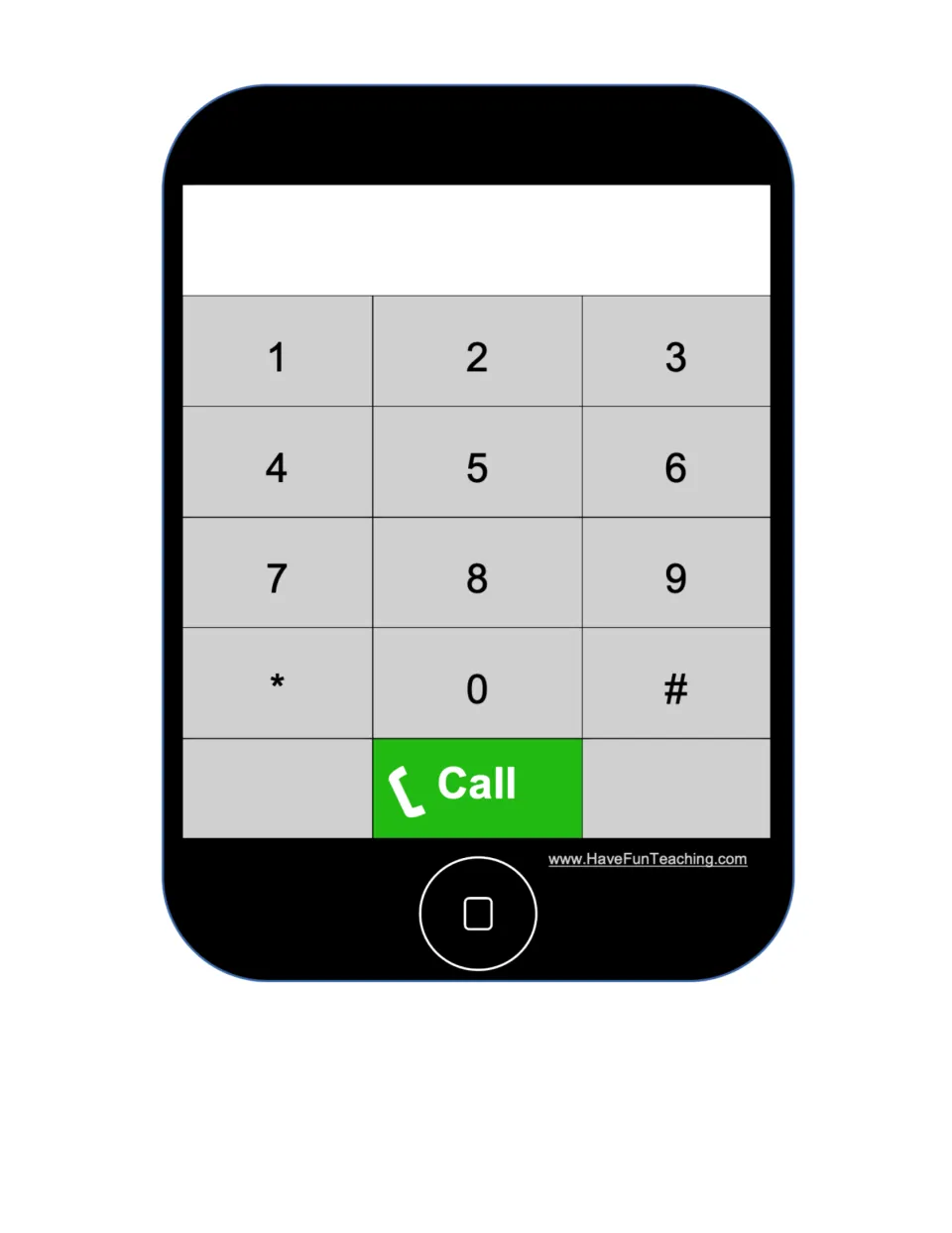 Black cell phone keypad, digits 0-9 with * and #: teacher writes a phone number in the window for the student to dial