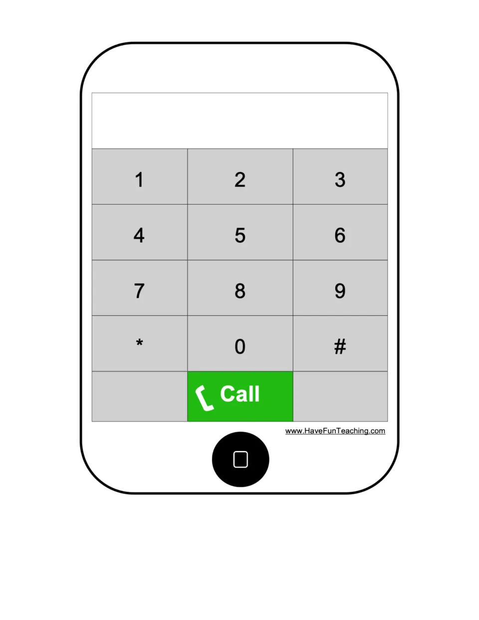 White cell phone keypad version with blank number window, digits 0-9, * and # and a green Call key for dialing practice