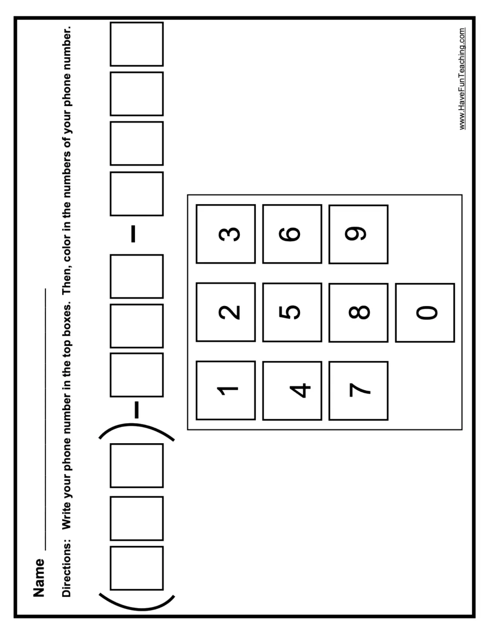 Phone number writing: students write their number in area code and seven-digit spaces, then color those keys on a keypad