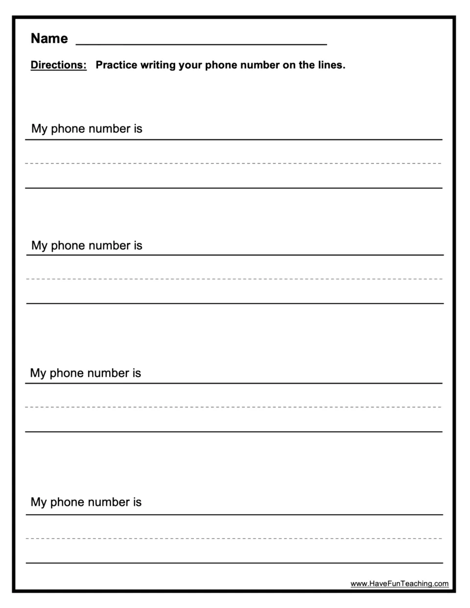 My phone number is... sentence frames: students write their own phone number four times to help memorize it