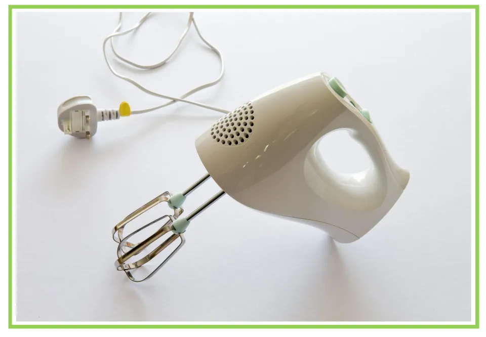 Appliance discussion and writing prompt card 6: an electric hand mixer with two beaters and a power cord
