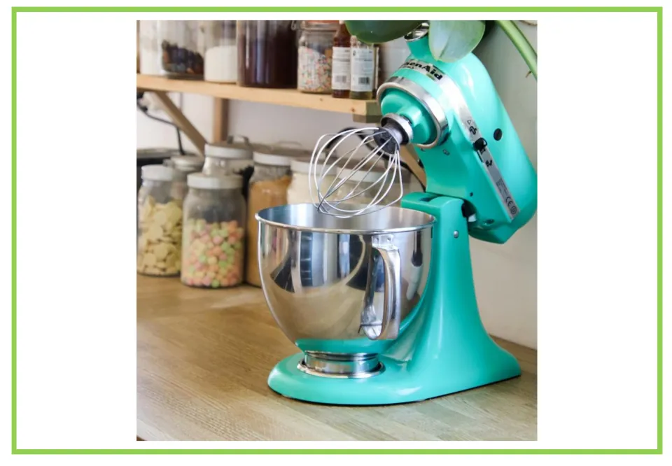 Appliance discussion and writing prompt card 8: a turquoise stand mixer with a whisk and metal bowl