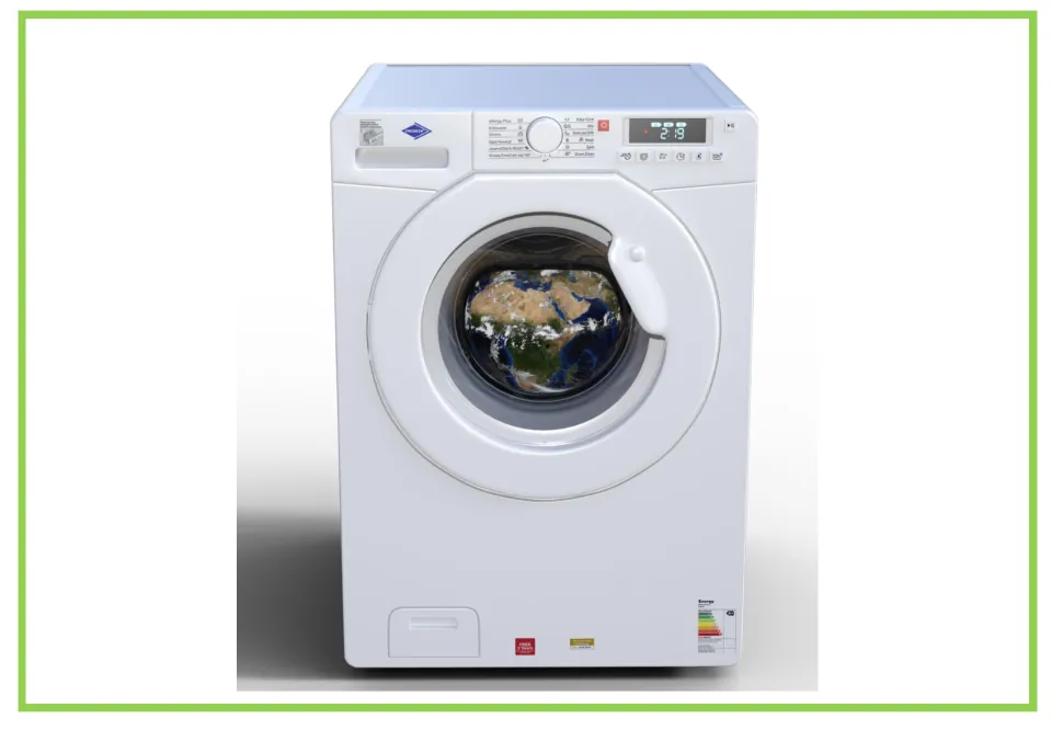 Appliance discussion and writing prompt card 10: a front-loading washing machine with Earth in its door
