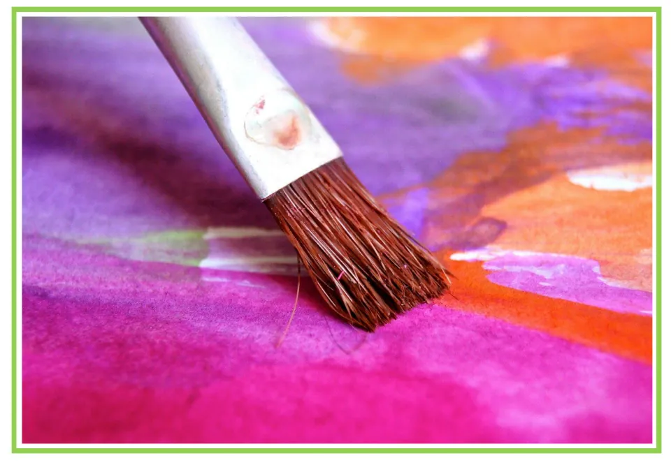 Hobbies writing and discussion prompt card showing a paintbrush resting on purple, pink, and orange paint