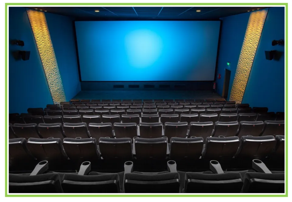 Hobbies writing and discussion prompt card showing an empty movie theater facing a large blue screen