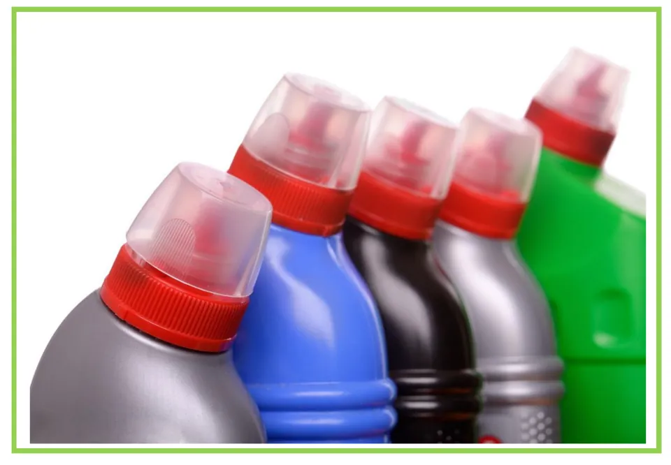 Hygiene discussion and writing prompt card 8 shows five bottles with red caps and translucent cap covers.