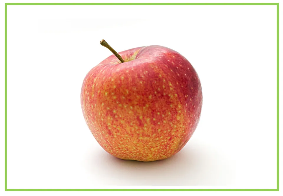 Fruit flashcard 1 for writing prompts and discussion: a whole red apple with yellow speckles and a stem